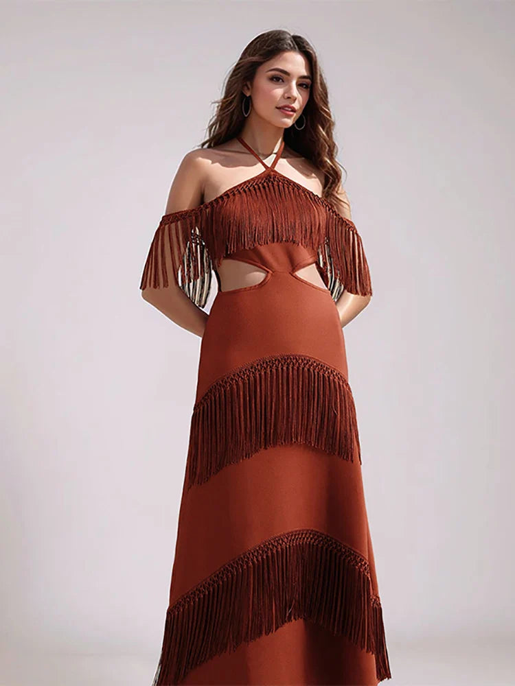 Fringe Halter Hollow Out Bandage Dress | Sleeveless Tassel Evening Gown