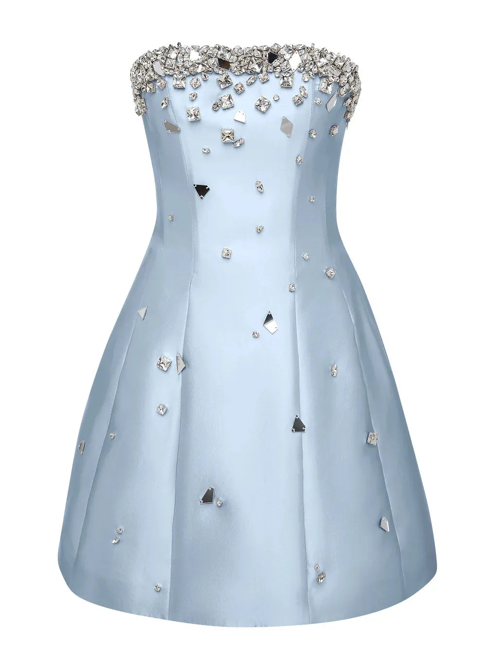 Light blue strapless dress with crystal embellishments on a white background