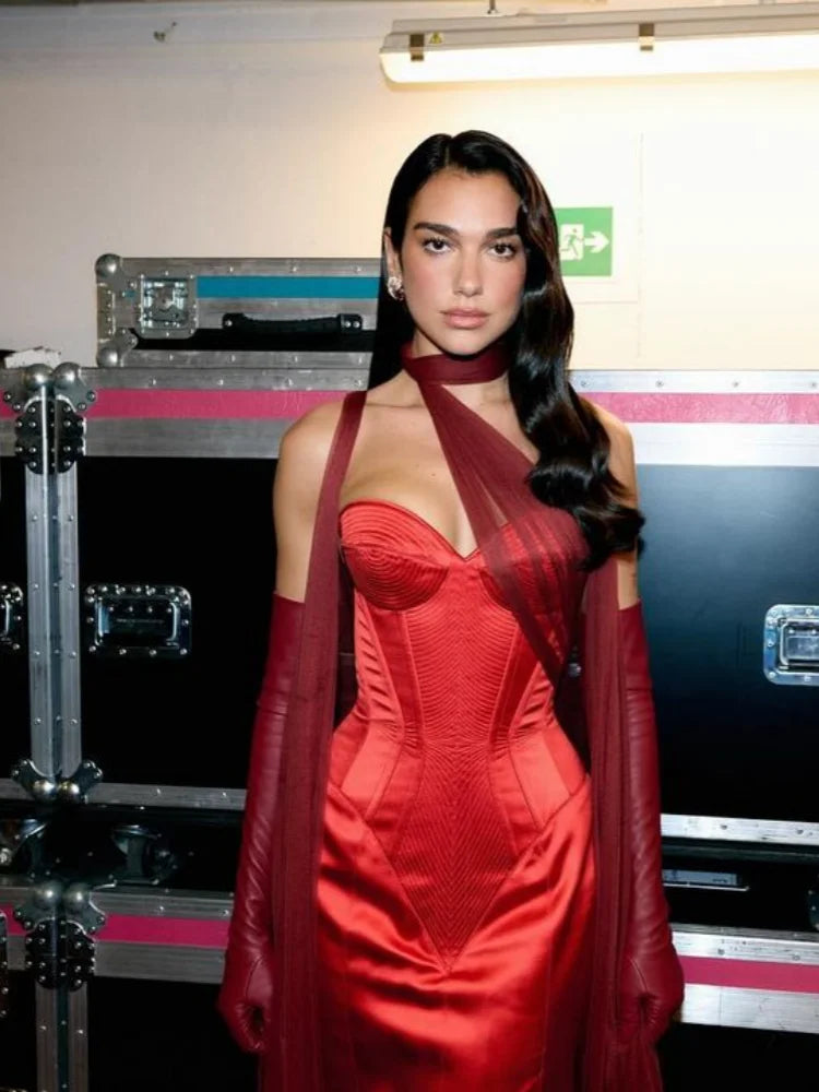 Red Strapless Mesh Draped Gown with Gloves – Split Bodycon Evening Dress