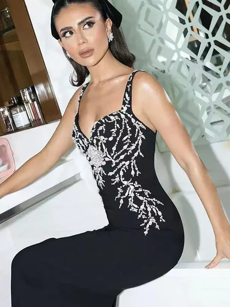 Black Spaghetti Strap Diamond Bandage Gown