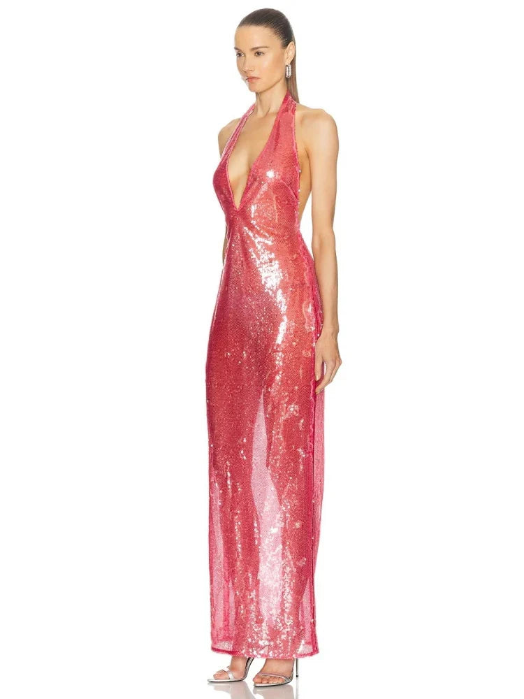 Pink Halter Deep V-Neck Sequin Gown with Fluid Drape