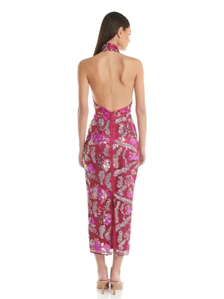 Pink Halter Sequin Midi Dress with Draped Neck Detail