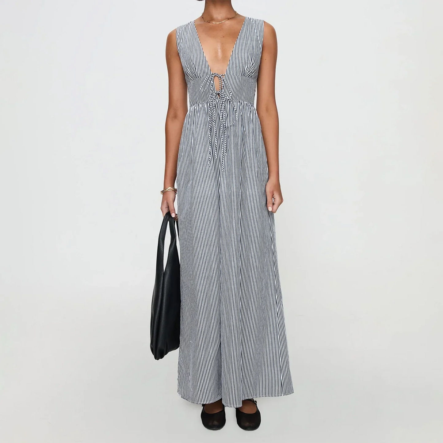 Summer Stripe/Plaid Mini Tank Dress with Tie-up V-Neck