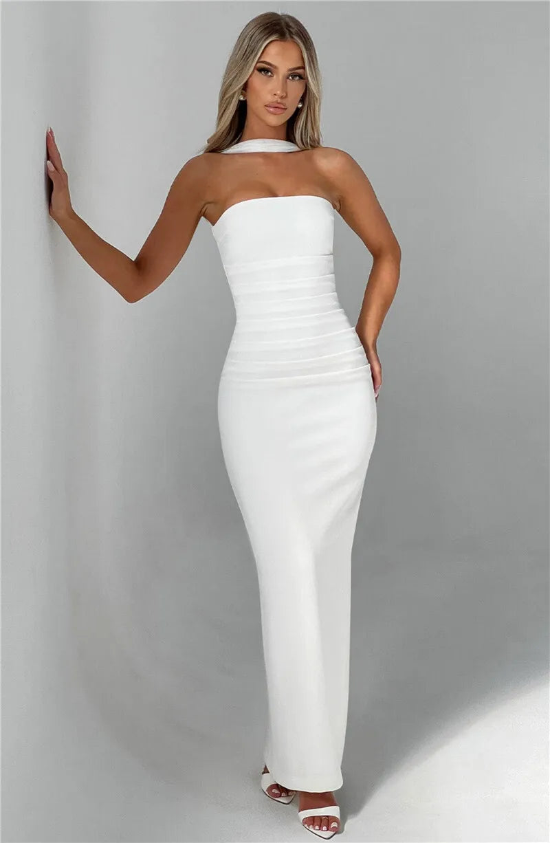 Scarf Collar Strapless Maxi Dress - Backless Bodycon Club & Party