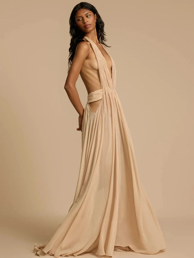 Apricot & Claret Deep V-Neck Backless Pleated Long Dress