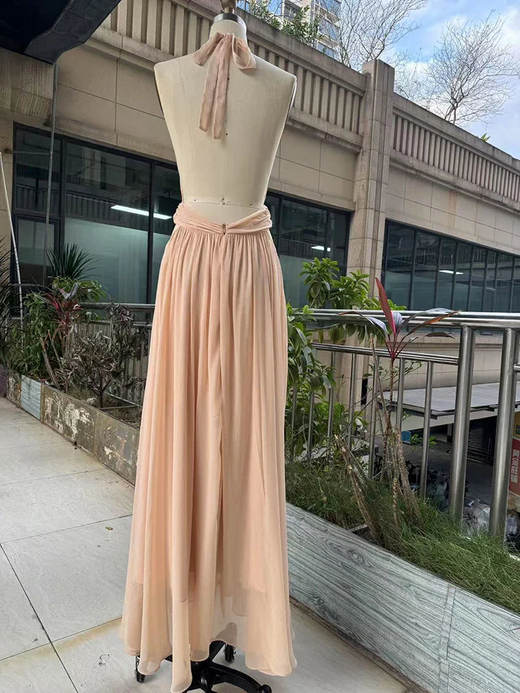 Apricot & Claret Deep V-Neck Backless Pleated Long Dress