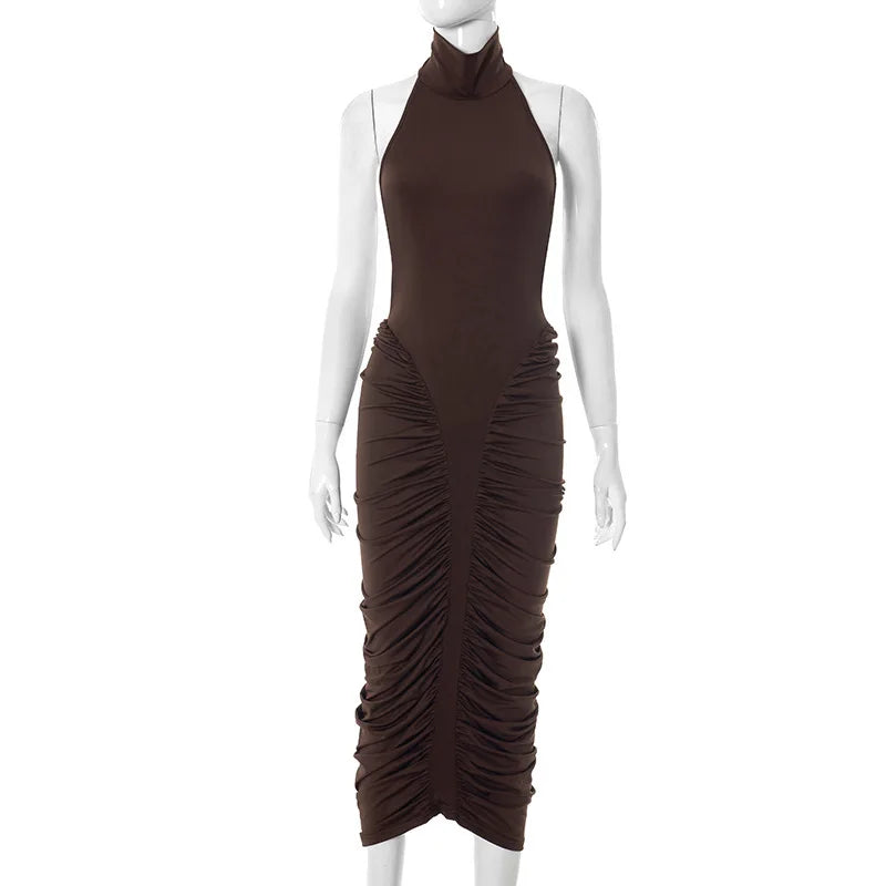 Brown Backless Ruched Dress | Sleeveless Night-Out Silhouette