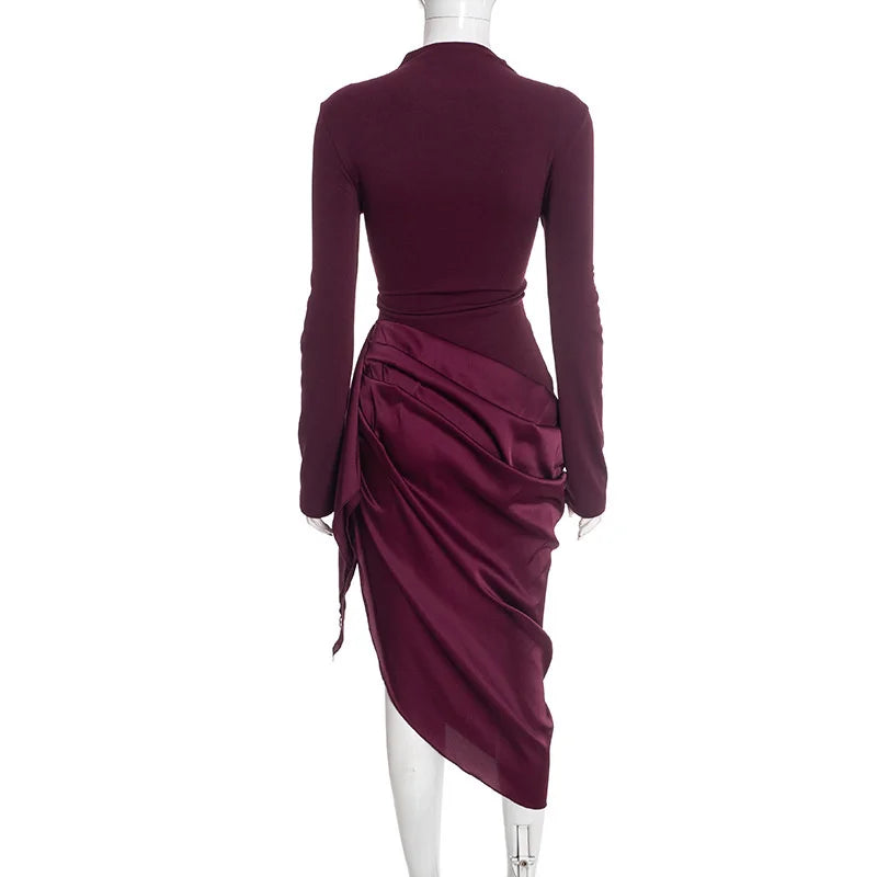 Long Sleeve Ruched Draped Midi Dress