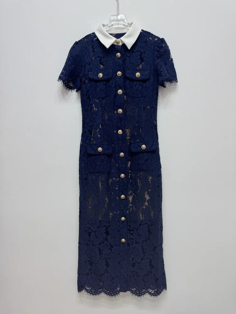 Blue Floral Lace Midi Dress with Peter Pan Collar & Puff Sleeves