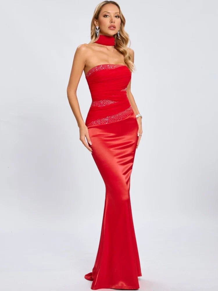Red Satin Strapless Patchwork Gown with Draped Scarf Detail