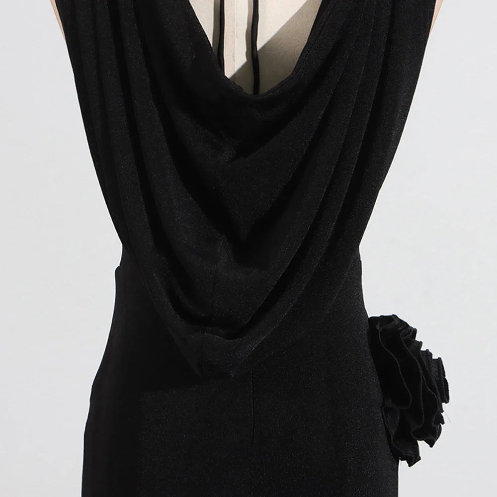 Black Metal Flower Decoration Halter Cape Maxi Dress