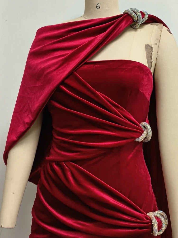 Red Velvet One-Shoulder Draped Gown with High Split