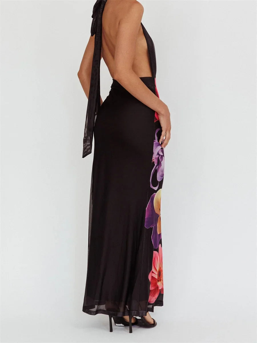 Floral Print Deep Neck Halter Drape Maxi Dress