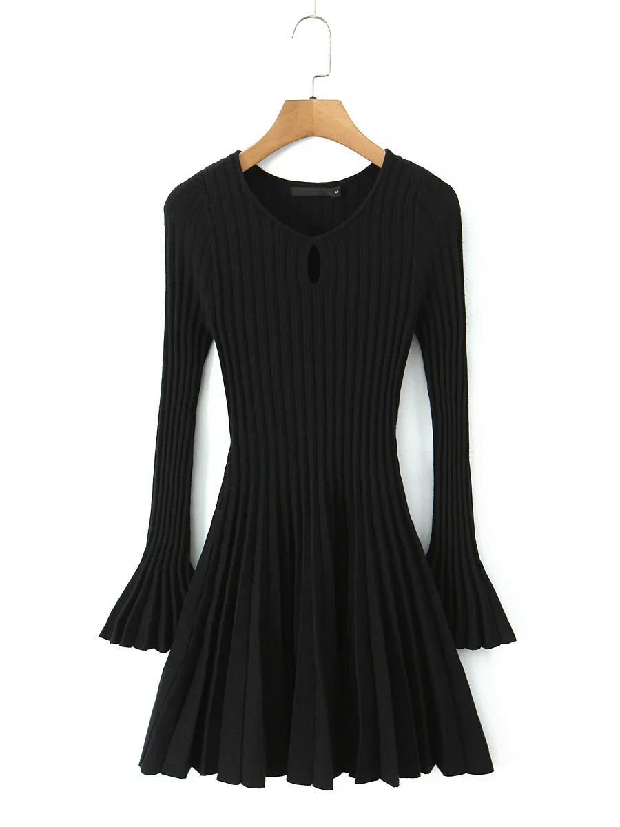 Black dress on a hanger, ribbed, bell sleeves