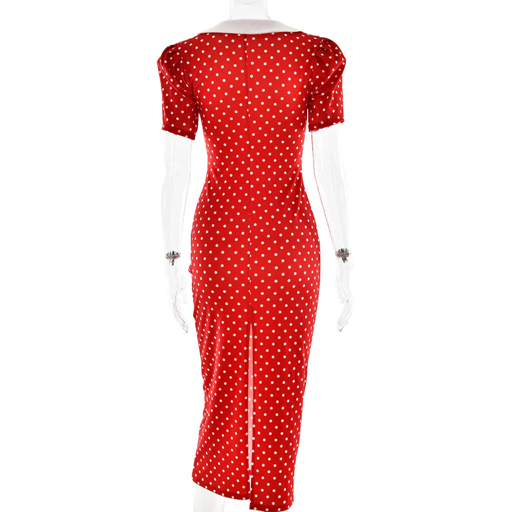 Red Polka Dot V-Neck Midi Dress | Retro Street Style