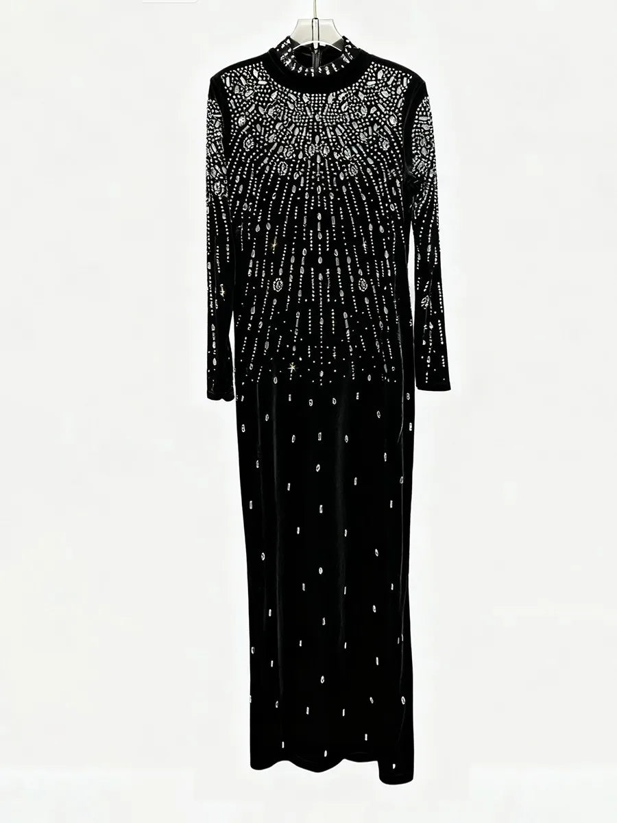 Sequin Beaded High Neck Long Sleeve Maxi Dress