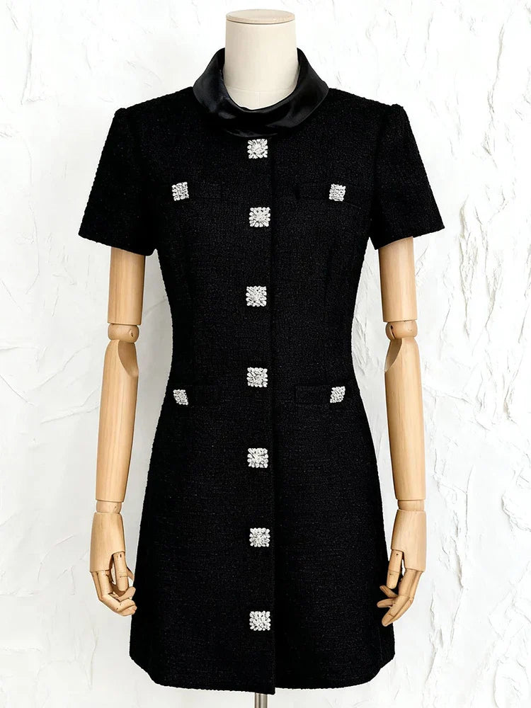 Black Tweed Mini Dress with Diamond Buttons