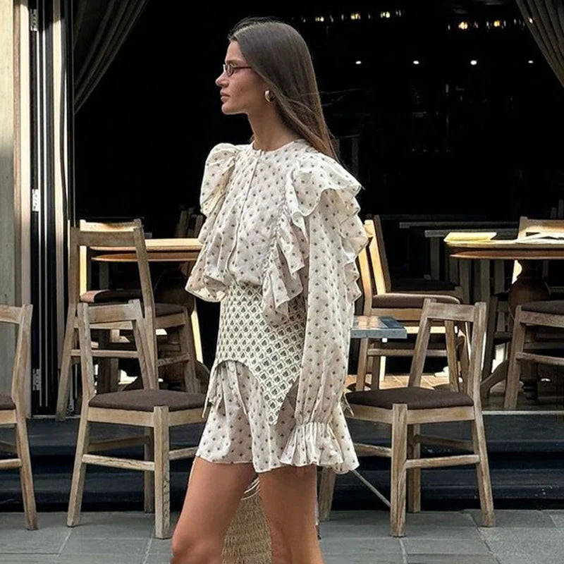 Ruffle Waist Mini Dress | Soft Bloom Print with Flared Sleeves