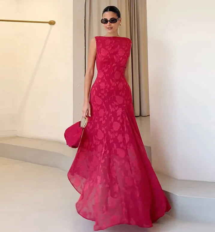 Open Back High Neck Red Printed Long Dress