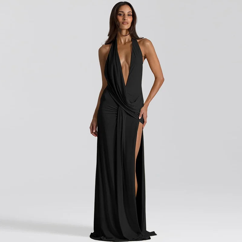 Halter Deep V-Neck Draped Maxi Dress