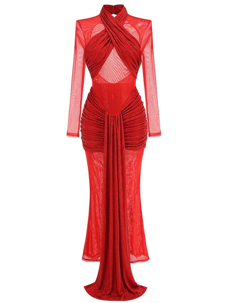 Red Mesh Ruched Rhinestone Gown with Sculpted Column Shape