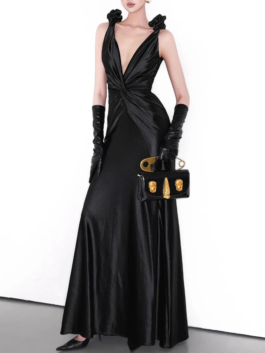 Black V-neck Satin Folds Maxi Dress