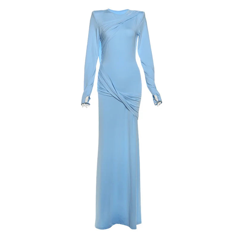 O-neck Pleated Full Sleeve Maxi Dress