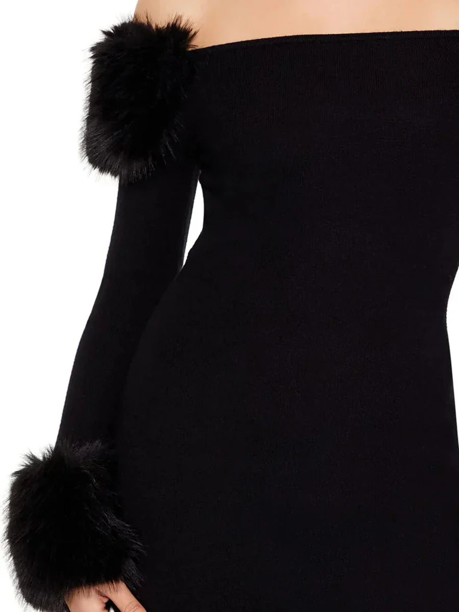 Black Off-Shoulder Fur Trim Mini Dress