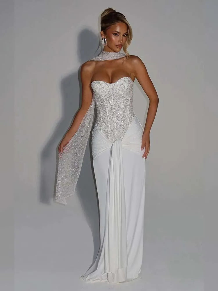 White Strapless Sequin Gown | Elegant Mesh Maxi Dress