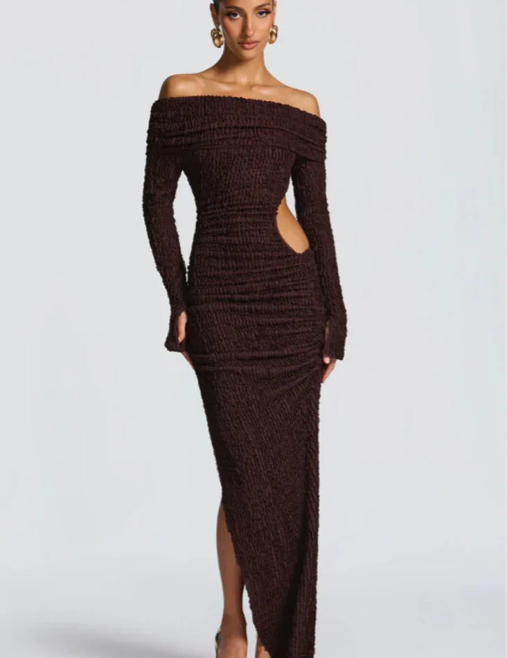 Off Shoulder Long Sleeve Textured Slit Maxi Dress
