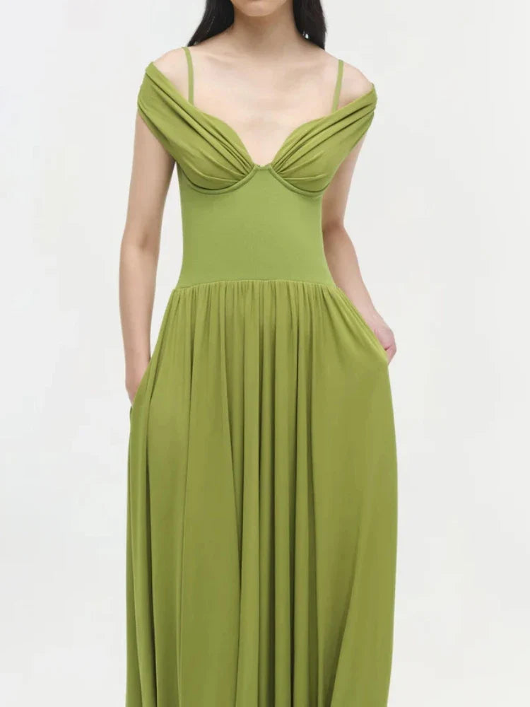 Green Off-Shoulder Pleated Maxi Dress | Elegant Evening & Cocktail Wear