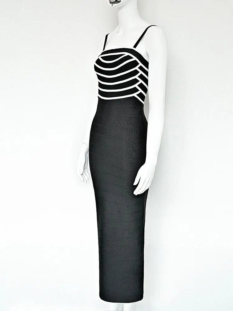 Black & White Bandage Midi Dress | Striped Sculpted Sheath