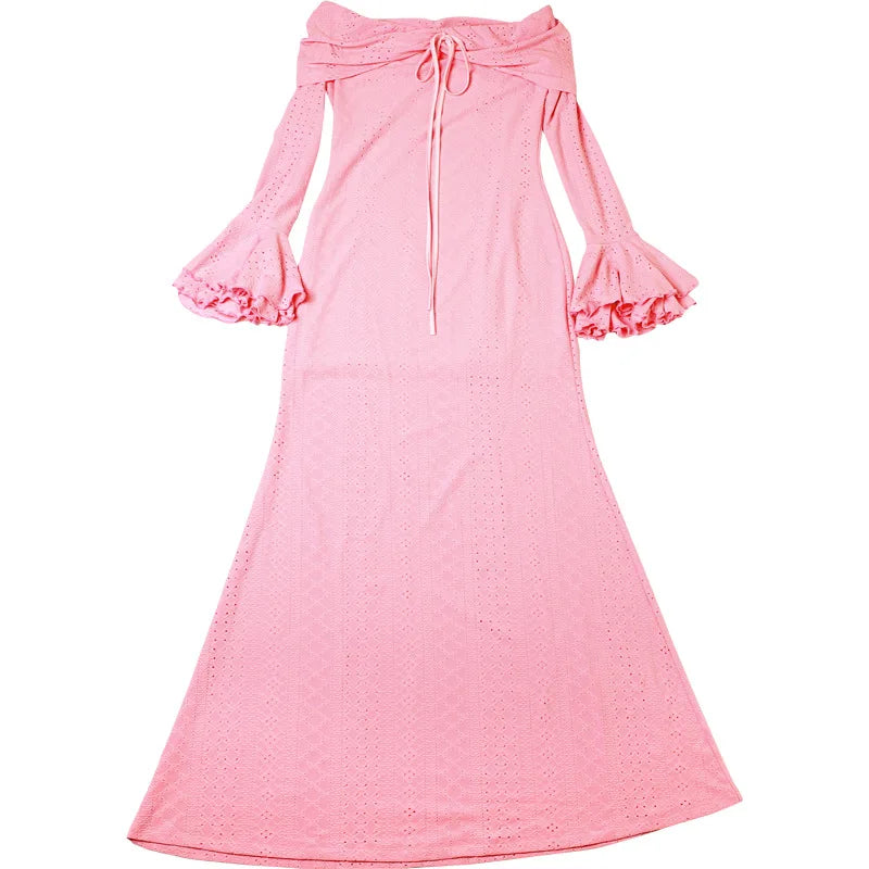 Pink Off-Shoulder Lace Dress | Bell Sleeve Formal Dress