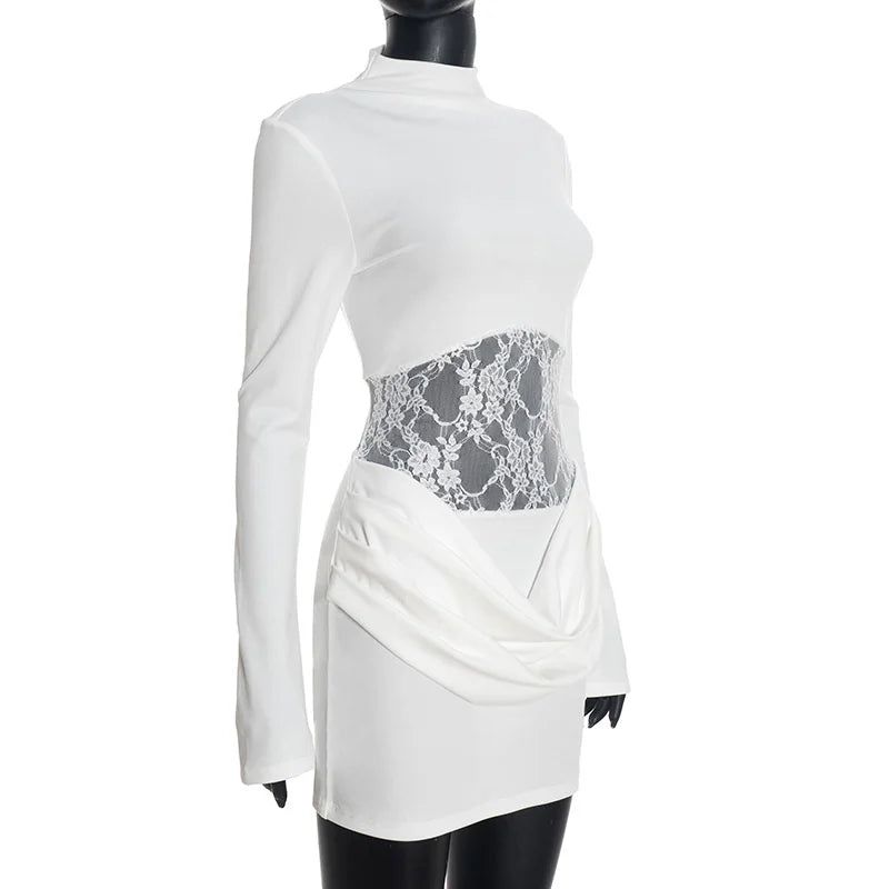 Lace Waist Bodycon Mini Dress with Sculpted Long Sleeves