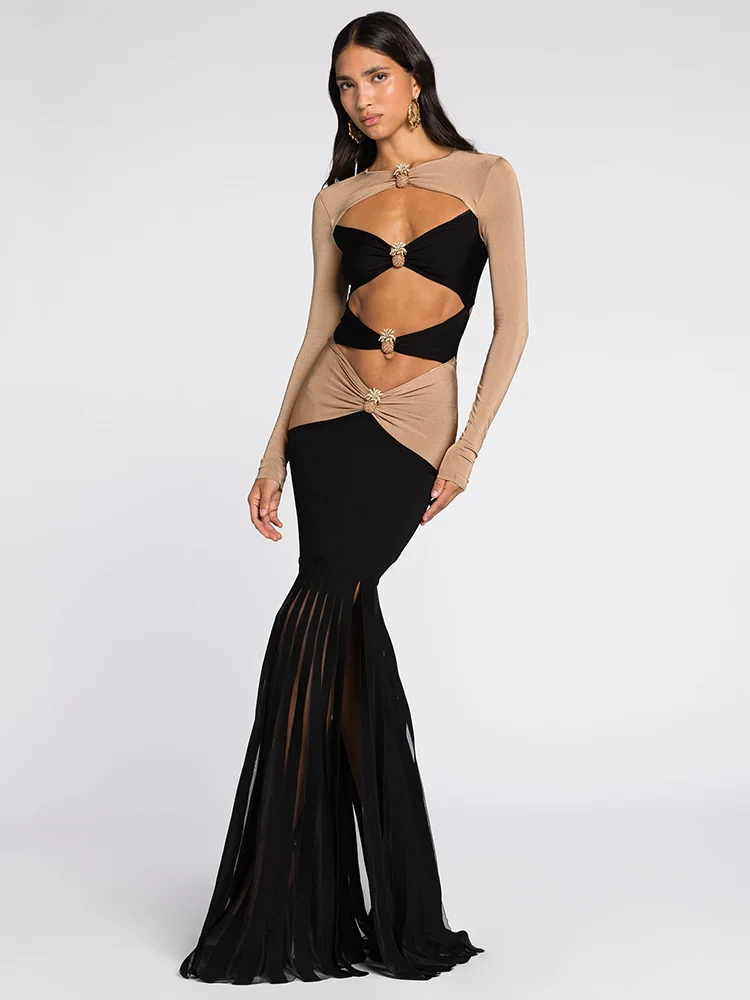 Black & Nude Metal Ring Cut-Out Maxi Dress