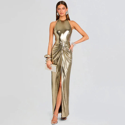 Champagne Gold Hanging Neck Backless Slit Dress