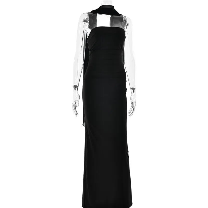 Scarf Collar Strapless Maxi Dress - Backless Bodycon Club & Party