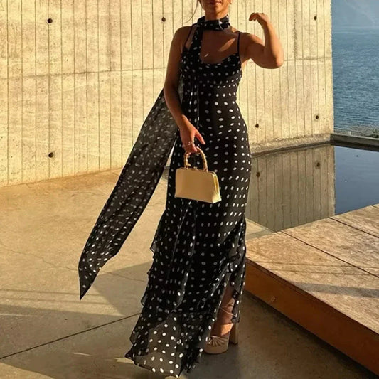 Polka Dot High-Slit Maxi Dress – Sleeveless Slim Fit Scarf Neck Gown