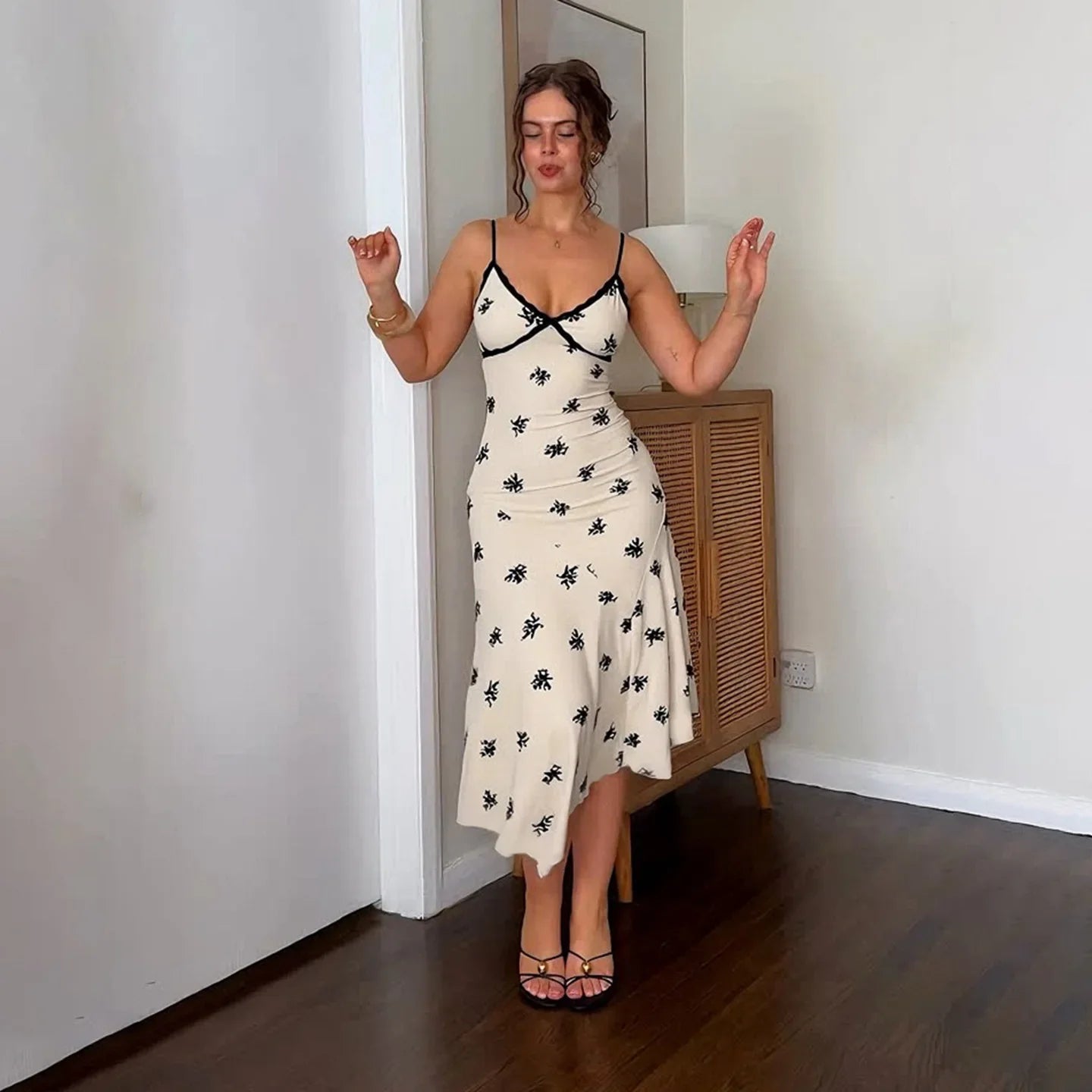 Summer Lace Print A-Line Dress | Sleeveless V-Neck Camisole