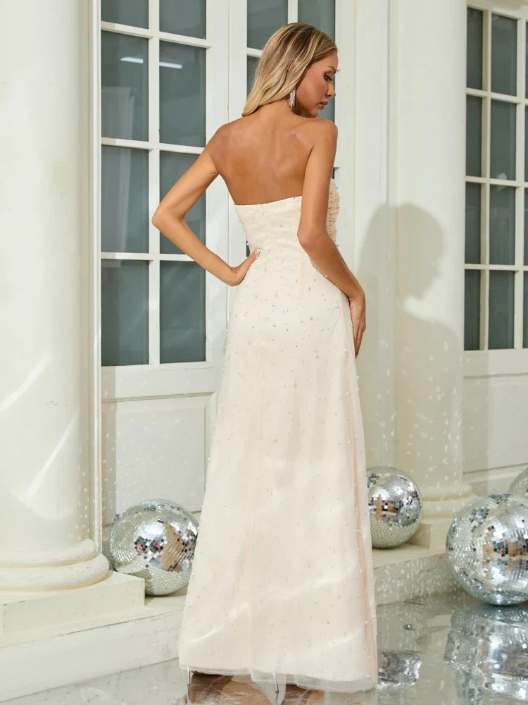 Apricot Strapless Beaded Tube Drape Design Long Dress