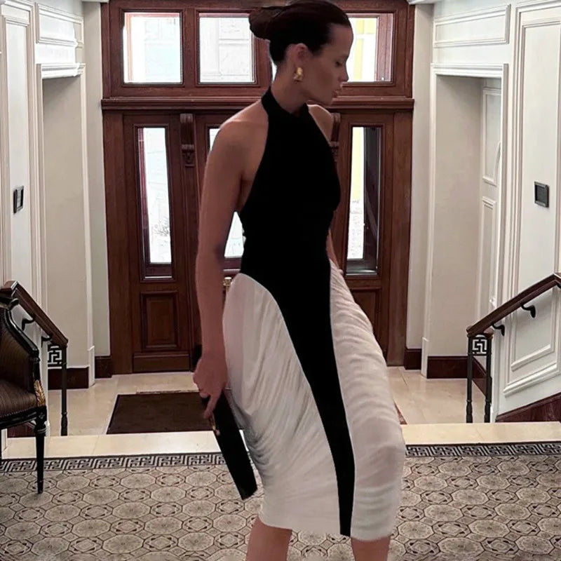 Black Pleated Drape Patchwork Halter Midi Dress