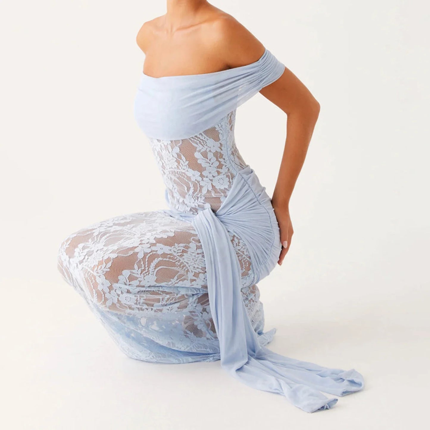 Elegant Off-Shoulder Lace Patchwork Bodycon Long Dress