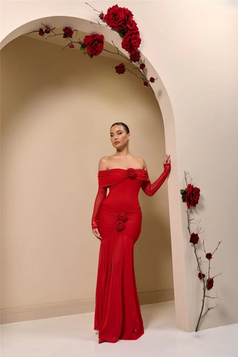 Off-Shoulder Rose Ruched Bodycon Maxi Dress