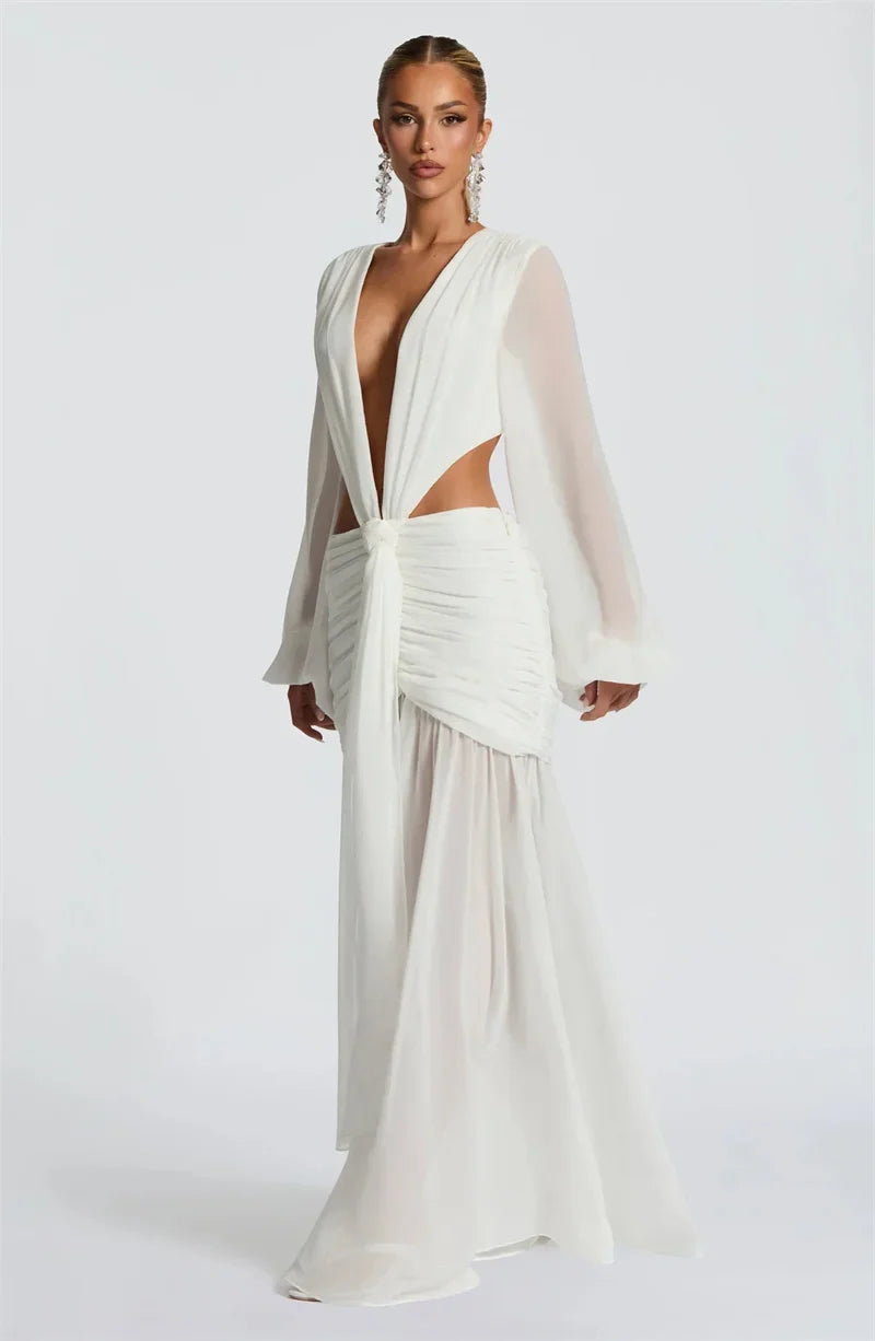 Deep V Maxi Gown | Sheer Sleeve Resort Party Dress