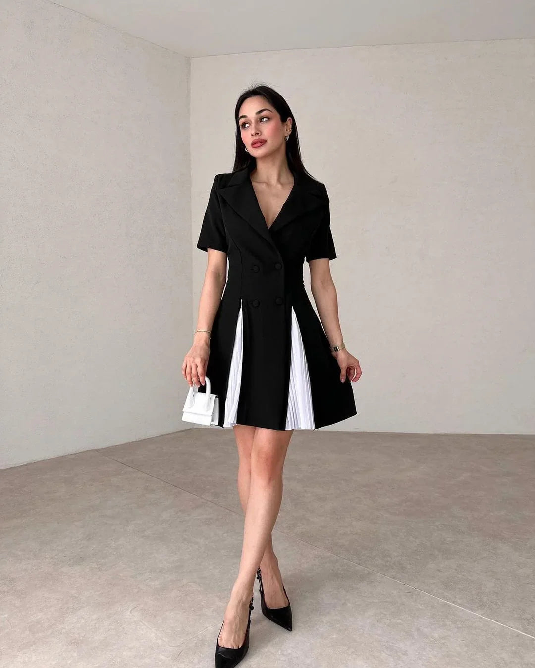 Two Tone Pleated Short Sleeve Blazer Mini Dress