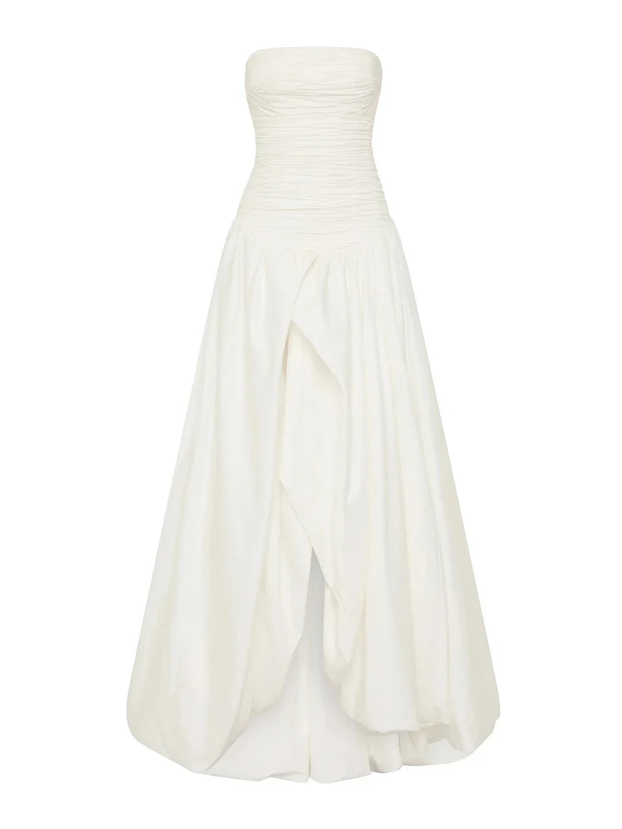 White strapless gown on a white background