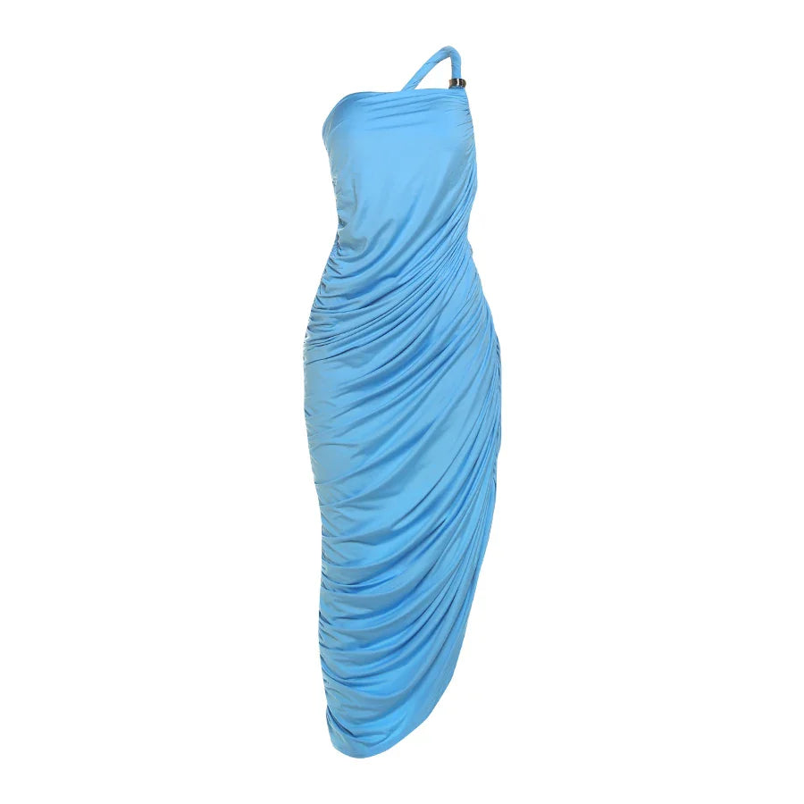 Blue one-shoulder dress on a white background