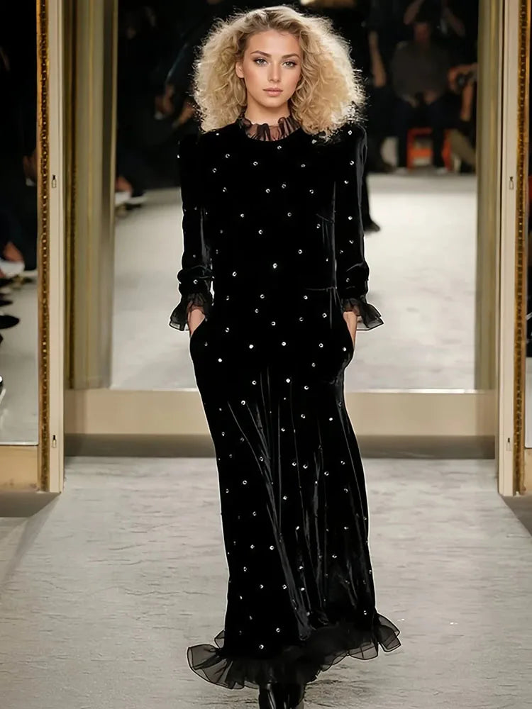 Black Velvet Crystal-Trim Long Evening Dress with Sheer Hem