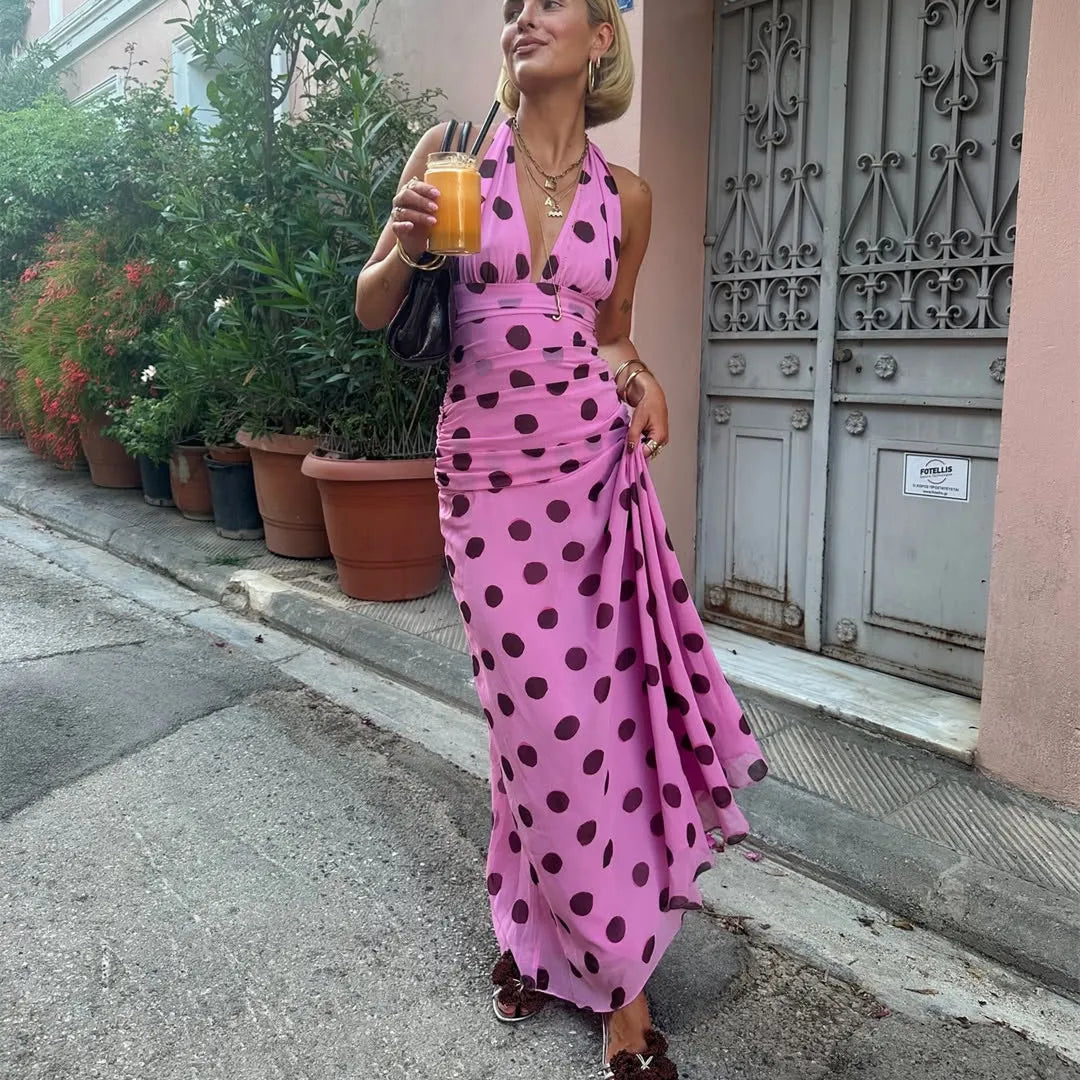 Pink Polka Dot Chiffon Halter Maxi Dress – Elegant Beach Style