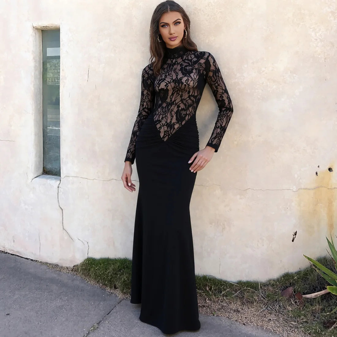 Black Lace Turtleneck Maxi Dress